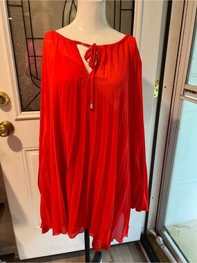Cato Red Pleated Tie-Neck Long Sleeve Tunic, adjustable strap tank underneath